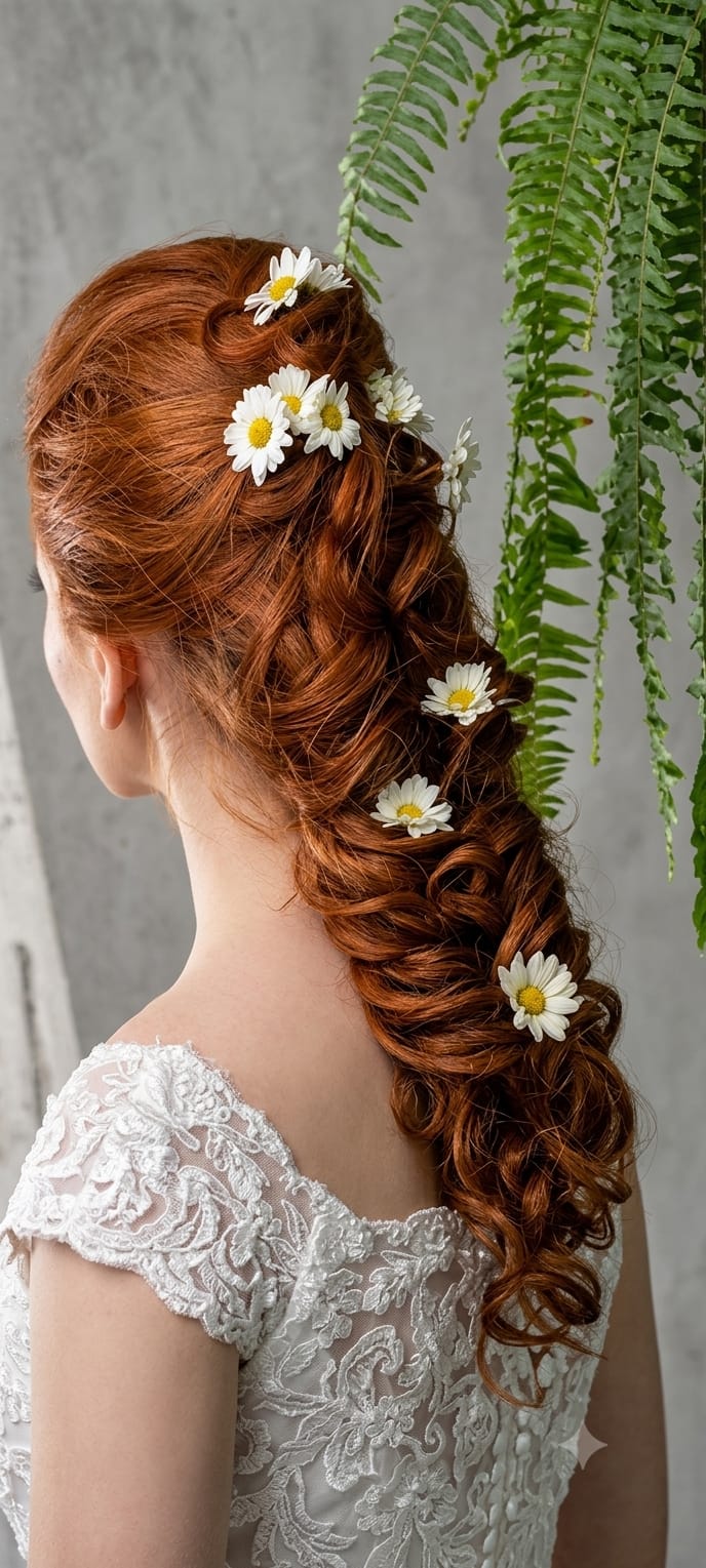 Trança lateral ruiva com flores brancas