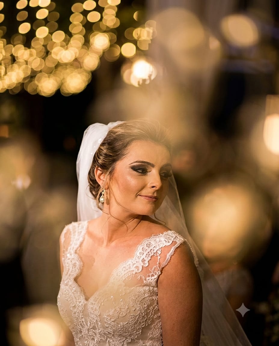 Retrato de noiva com luzes bokeh